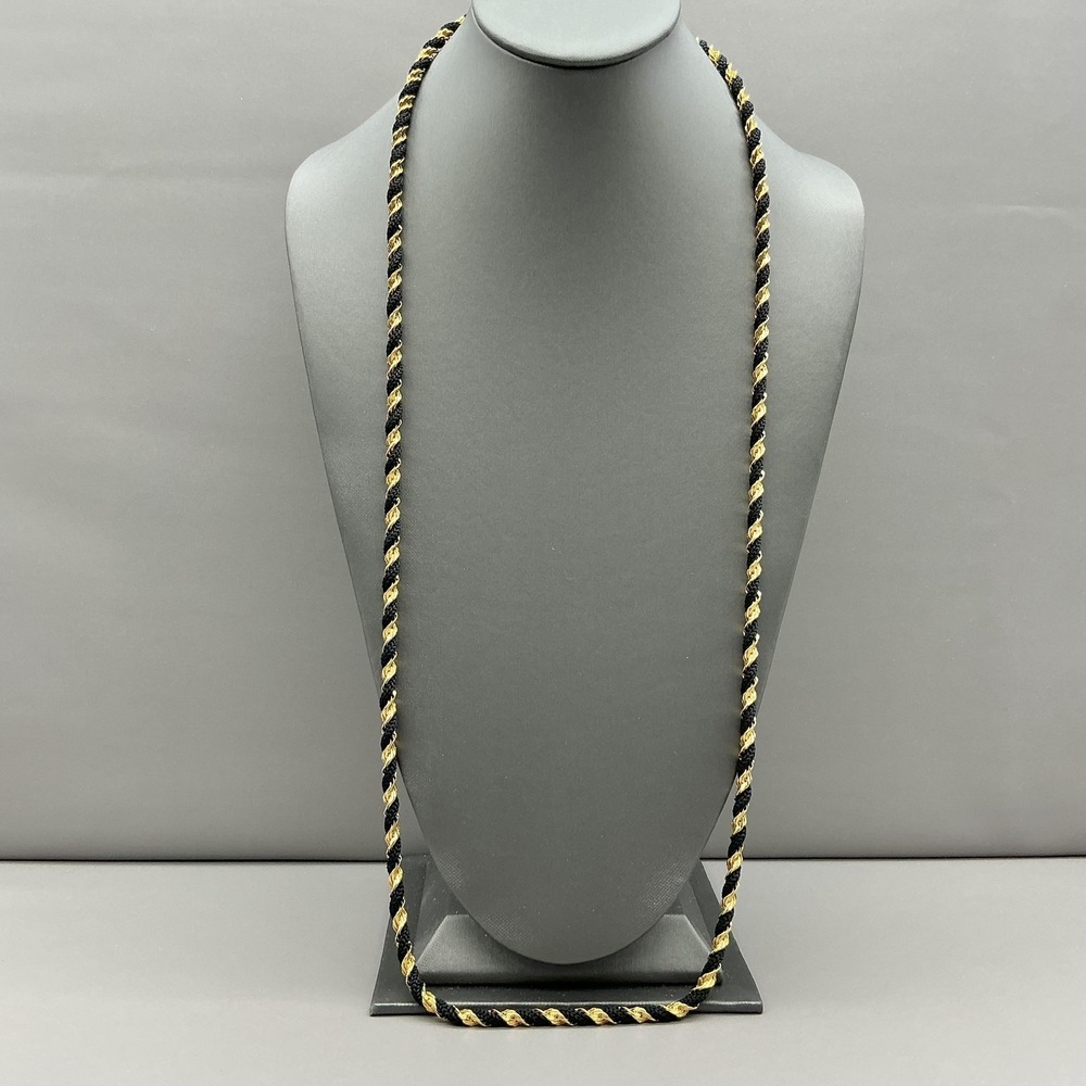 Vintage Napier Signed Necklace Black Braided Nylon Rope Gold Tone 32" Womens